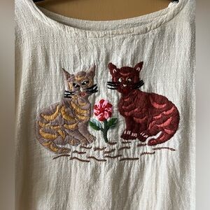 Vintage Hand Embroidered Cotton Cat Blouse T Shirt OOAK Handmade!